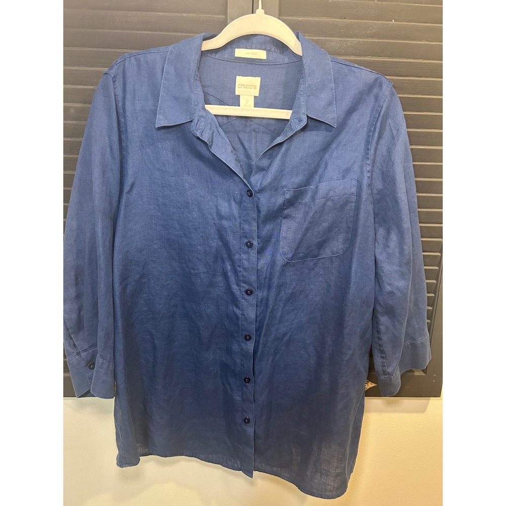 Chicos Navy Blue Linen Button Down Shirt Size 2 Large 3/4 Sleeve Pocket Top